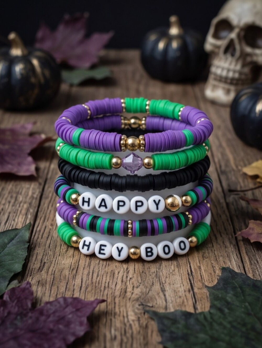 Set Of Four Halloween Stackable Beaded Stretch Bracelets - Purple, Green & Black